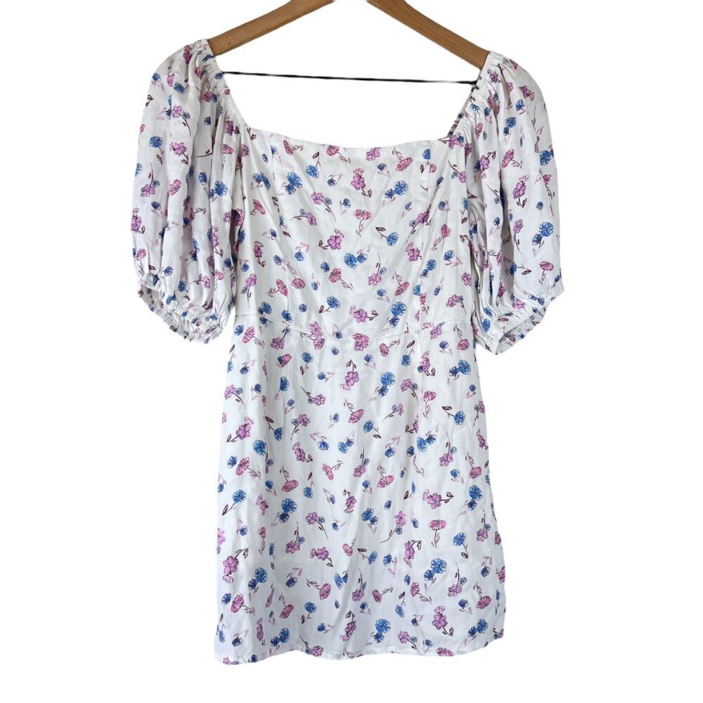 Skylar + Madison White Floral Printed Puff Short Sleeve Mini Dress